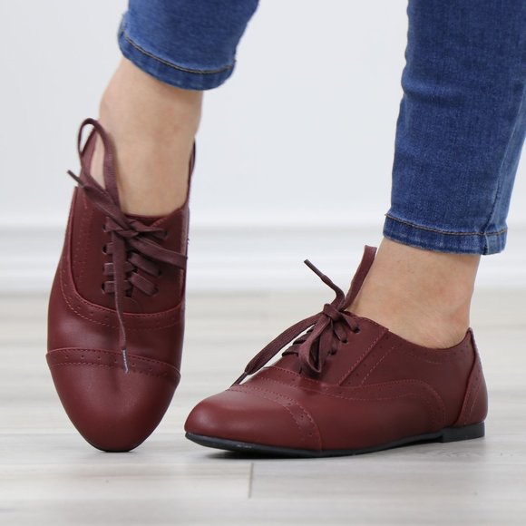 Wine Synthetic Leather Lace up Flat Heel Oxford Style Shoes - Picture 11 of 13